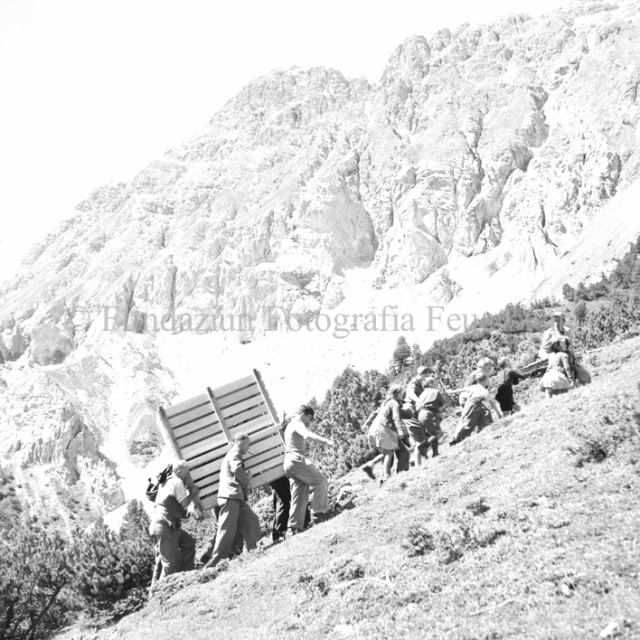 Personengruppe transportiert Holzkäfig mit Seilen auf den Berg