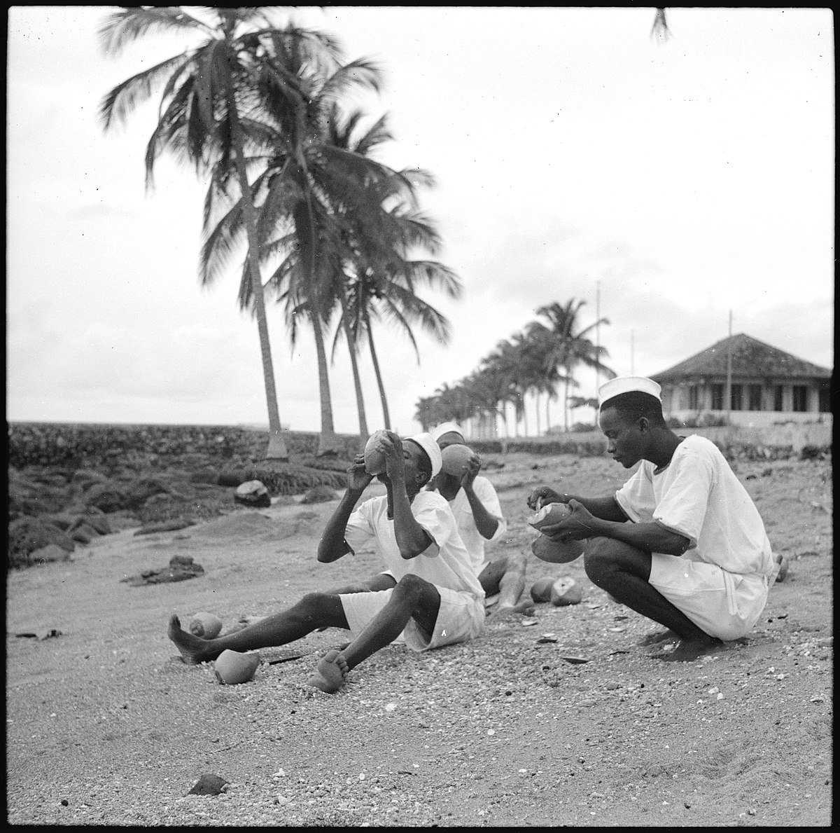 Portugal, San Thomé (São Tomé und Príncipe): Menschen; Farbige Matrosen sitzend, am Boden am Brotbaumfrüchte essen