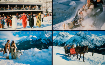 Kompositkarte mit vier Sujet zum Thema Winterunterhaltung, verkleidete Schlittschuhläufer, zwei Personen auf Schlitten, zwei Frauen mit Windhund im Schnee, Personen auf Pferdeschlitten im Schnee