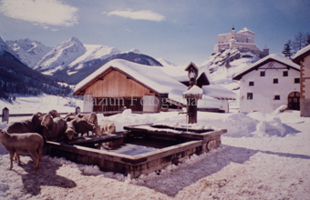 Schafherde auf verschneitem Dorfplatz mit Brunnen, Schloss Tarasp