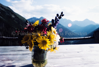 Glas mit Blumen auf Tisch