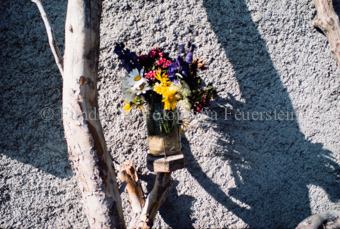 Glas mit Blumen auf Holzgestell