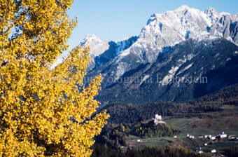 Blick auf Schloss Tarasp und Herbstwald