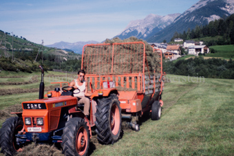 Bauer auf Traktor mit Heuwagen beim Heuaufsammeln
