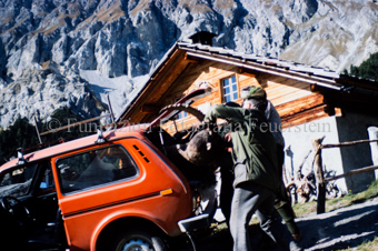 Jäger laden erlegten Steinbock ins Auto vor Hütte