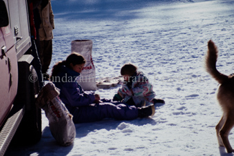 Alpirod Hundeschlittenrennen, Frau mit Kind neben Auto