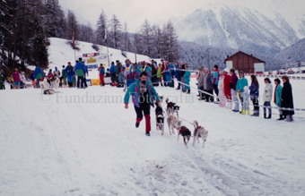 Alpirod Hundeschlittenrennen, Gespann im Ziel «Böt», Mann führt Hunde