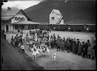 Sennengruppe mit Ziegen und Kühen, Bahnhof Zuoz