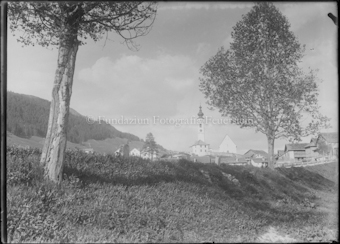 Bäume im Hintergrund Ftan mit Kirchenspitze