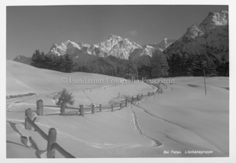 Schneelandschaft mit Bäumen und Bergen im Hintergrund