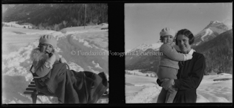 Frau mit Kind unterwegs mit dem Schlitten, Winter