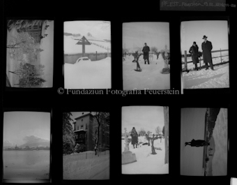 Personenaufnahmen in Landschaft; Gebäude; Landschaft; Grabkreuz; im Winter