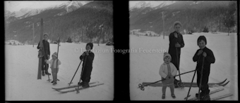Kinder mit Skiern (links: Jon, Reto und Domenic jun. Feuerstein) in Trü