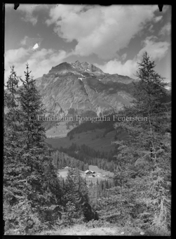 Landschaftsaufnahme mit Hof und Berg