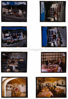 Aussenaufnahme Gebäude und Terrasse, Innenaufnahme Esssaal und Bar