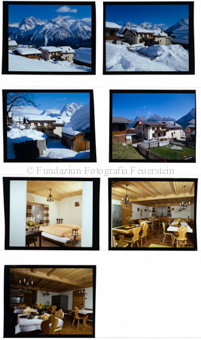 Aussenaufnahme Winter und Sommer, Innenaufnahme Zimmer und Esssaal