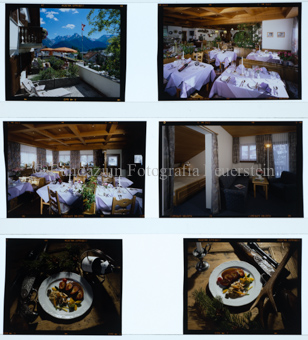 Aussenaufnahme Aussicht, Innenaufnahme Esssaal, Zimmer, Gericht auf Teller