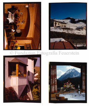 Aussenaufnahme Erker und Aussicht, Innenaufnahme 4 Personen an Tisch, Tisch an Fenster
