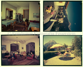 Aussenaufnahme Hotel Belvedere, Innenaufnahme Esssal, Aufenthaltsraum mit 4 Personen