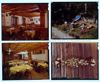 Aussenaufnahme Terrasse, Nahaufnahme Blumenschmuck, Innenaufnahme Esszimmer