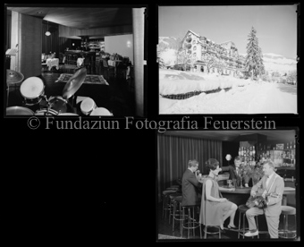 Aussenaufnahme Gebäude im Winter, Innenaufnahme Mann mit Gitarre an Bar, Schlagzeug