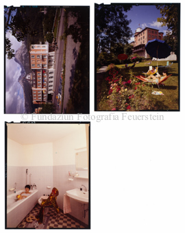Aussenaufnahme Gebäude und Terrasse, Innenaufnahme Frau in Badewanne