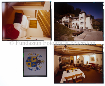 Aussenaufnahme Gebäude, Innenaufnahme Zimmer und Esszimmer, Wappen