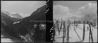 Eisenbahnviadukt über Fluss; Ski im Schnee