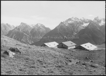 Drei Häuser auf Alp; Berge im Hintergrund