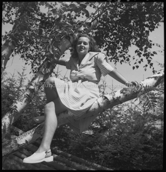 Fräulein Koller auf Birkenstamm sitzend
