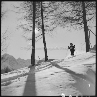 Skifahrer zwischen Lärchen