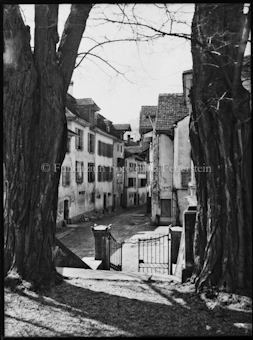 Blick in einen Altstadtgassenzug, zwischen zwei Bäumen von einer erhöhten Parkpartie herunter (Kirchhof)