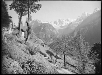 Bergell, Bondascagruppe links Hütte und zwei Bäume