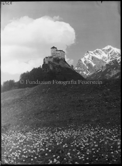 Schloss Tarasp mit Trollblumen im Vordergrund