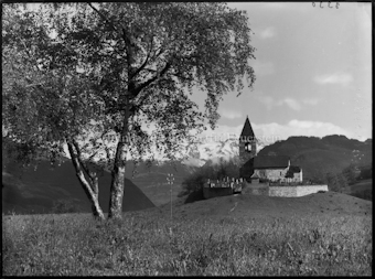 Kirche St. Cassian bei Sils Birke im Vordergrund