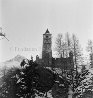 Schnee auf den Felsen und Drahtseilbahn, Bezeichnung Hülle: Sent, Winter, 1948