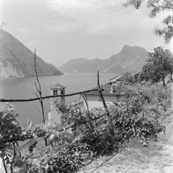 Holzzaun im Vordergrund, Bezeichnung Hülle: Tessin 1946