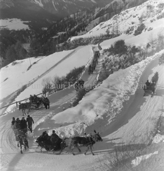 Pferdeschlittentross in verschneiter Kurve