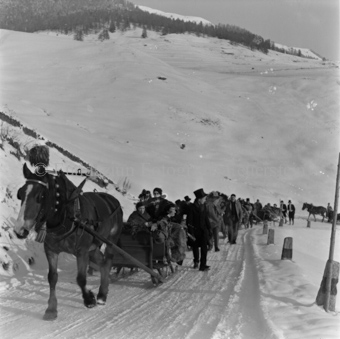 Festliche Pferdeschlitten auf verschneiter Bergstrasse
