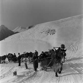 Festliche Pferdeschlitten auf verschneiter Bergstrasse
