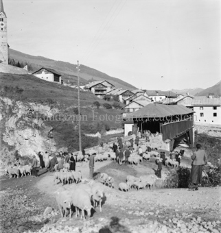 Schafherde und Menschen bei Brücke, hinten Dorf und Kirche