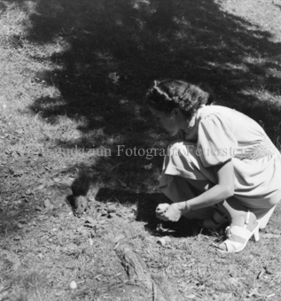 Frau in Kleid Eichhörnchen fütternd