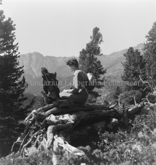 Frau mit Rucksack sitzt auf entwurzeltem Baumstamm