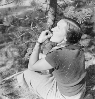 Arvenwald von Tamangur, neben Baum sitzende Frau, Tannzapfen in der Hand