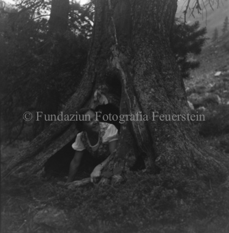 Arvenwald von Tamangur, Frau aus Baumhöhle schauend