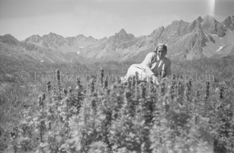 Frau auf Alpwiese liegend, hinten Bergpanorama, vorne Alpenpflanzen