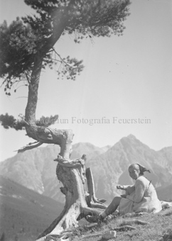 Frau vor krummer Arve sitzend, hinten Berge