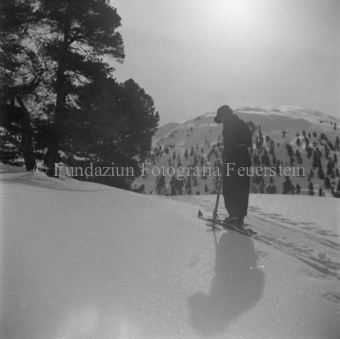 Skitourengängerin auf Piste neben Arvenwald