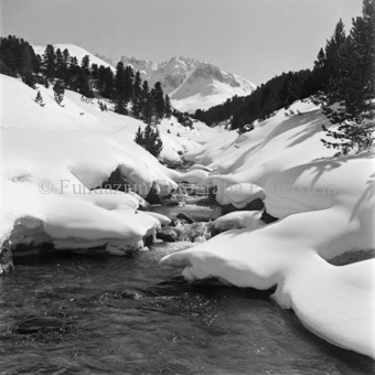 Eisfreier Bergbach durch verschneites Tälchen