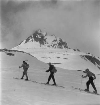 Zwei Skitourengänger, eine Skitourengängerin den Berg hinauf gehend, hinten Gipfel